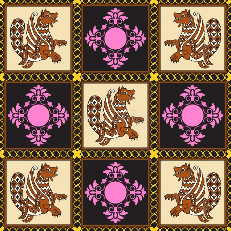 Immagine antica di un drago e schemi in quadrati e catene illustrazione di stock Immagine antica di un drago e schemi in quadrati e catene illustrazione di stock