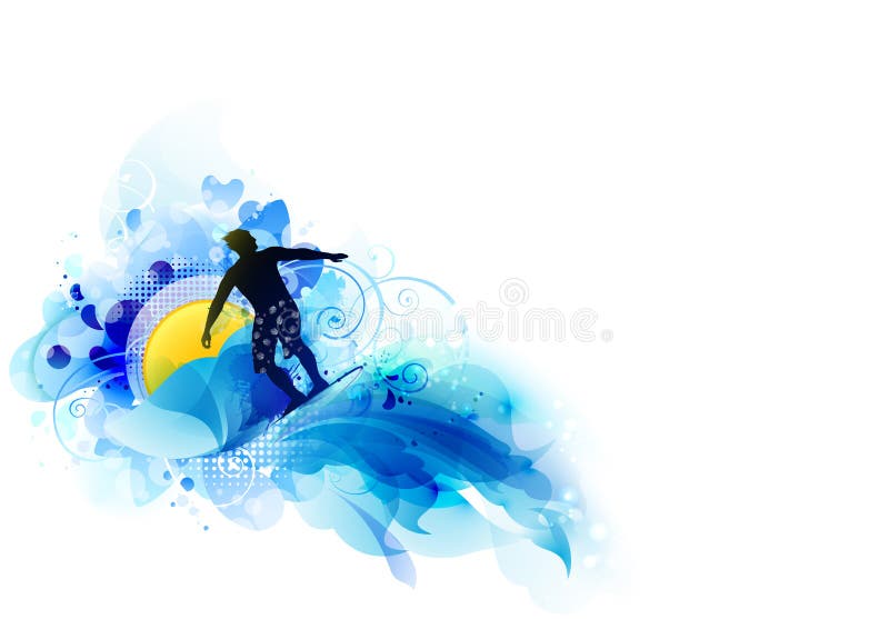 Immagine astratta di movimento, di velocità e dell'onda Siluetta nera del surfista su fondo del sole illustrazione vettoriale Immagine astratta di movimento, di velocità e dell'onda Siluetta nera del surfista su fondo del sole illustrazione vettoriale