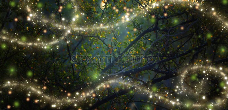 Immagine astratta e magica del volo della lucciola nella foresta di notte illustrazione di stock Immagine astratta e magica del volo della lucciola nella foresta di notte illustrazione di stock