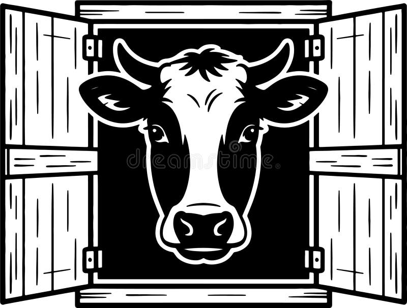 Immagine in bianco e nero raffigurante una testa di mucca incorniciata da una finestra aperta di legno o da spine che guardano dir illustrazione vettoriale