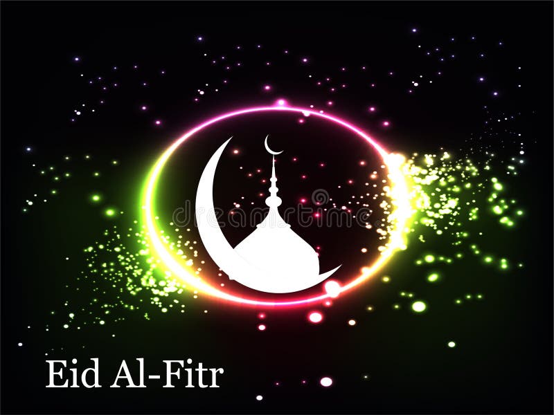 Immagine colorata di una luna crescente con una stella in alto. Eid alFitr. Immagine colorata di una luna crescente con una stella in alto e un edificio in mezzo. La parola Eid AlFitr è scritta sotto l'immagine. Ramadan Kareem Praying Eid Al Fitr HariRaya Aidilfitri Ornate
