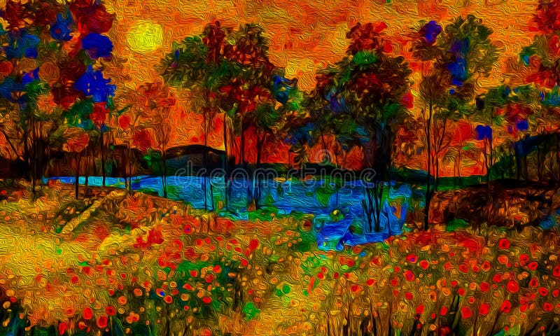 Immagine a colori del paesaggio con acqua degli alberi e tramonto fotografia stock