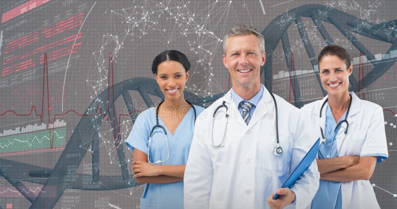 immagine composita 3D del ritratto di medico maschio con il personale femminile immagine stock immagine composita 3D del ritratto di medico maschio con il personale femminile immagine stock