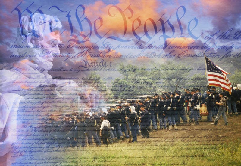 Immagine composita dei soldati della guerra civile e di Lincoln Memorial nella battaglia con U S costituzione
