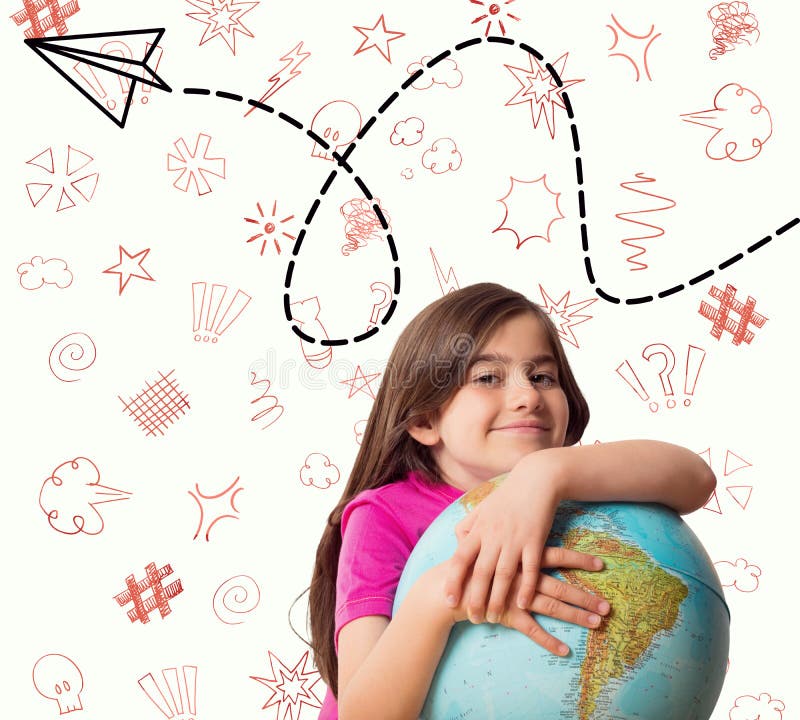 Immagine composita del globo sorridente della tenuta dell'allievo sveglio immagine stock Immagine composita del globo sorridente della tenuta dell'allievo sveglio immagine stock