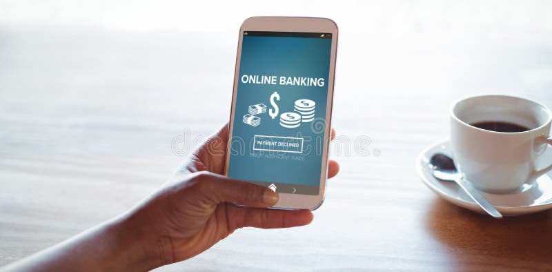 Immagine composita del testo di attività bancarie online su esposizione mobile blu