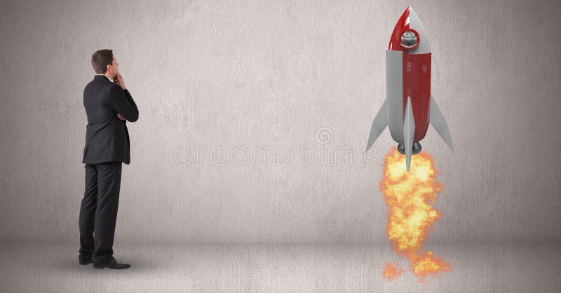 Immagine composita di Digital dell'uomo d'affari che esamina il lancio del razzo contro il fondo grigio illustrazione di stock