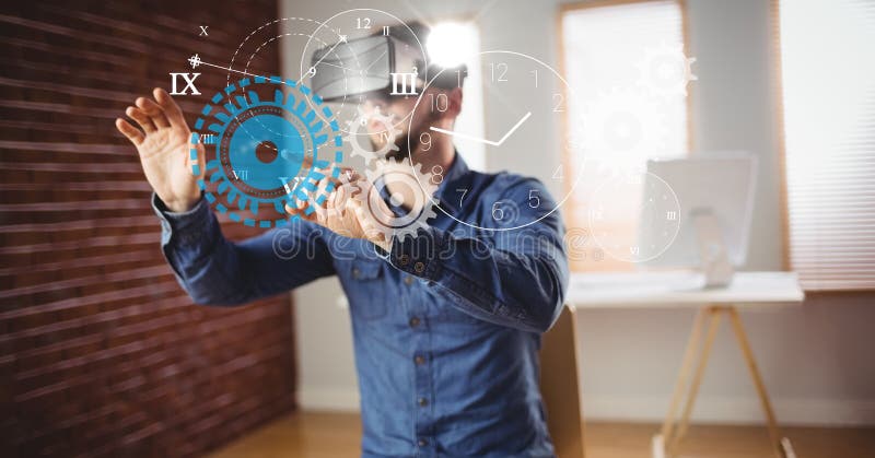 Immagine composita di Digital dell'uomo d'affari facendo uso dei vetri di VR royalty illustrazione gratis