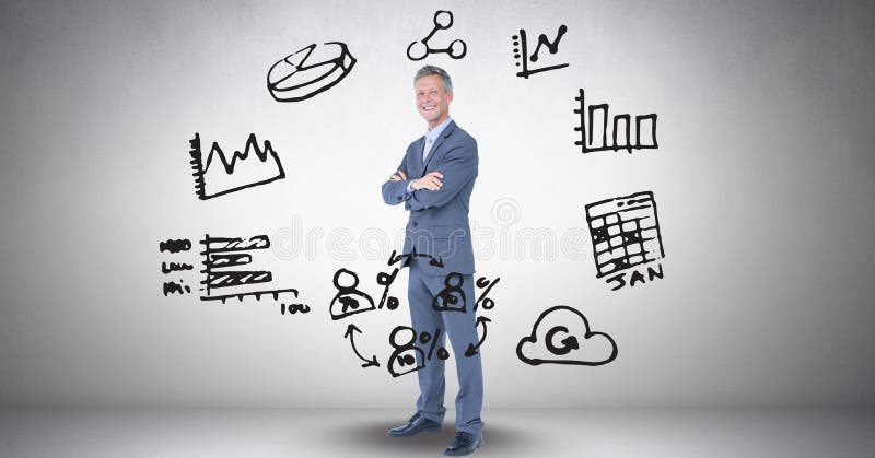 Immagine composita di Digital dell'uomo d'affari in mezzo di varie icone contro fondo grigio royalty illustrazione gratis