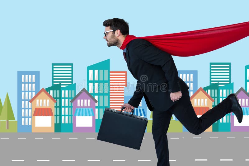 Immagine composita di Digital dell'uomo d'affari nel funzionamento del costume dell'eroe eccellente nella città illustrazione di stock