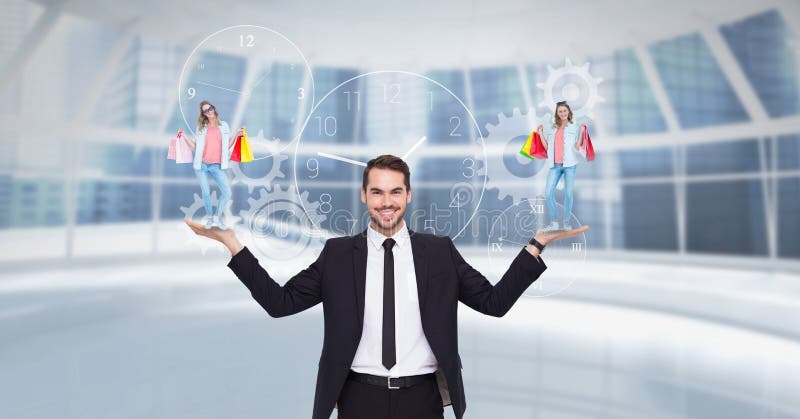 Immagine composita di Digital della donna di trasporto dell'uomo d'affari con i sacchetti della spesa illustrazione vettoriale