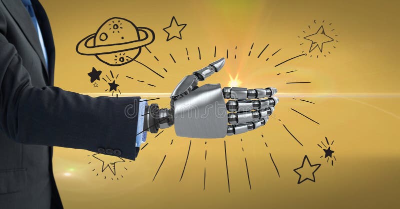 Immagine 3d dell'uomo d'affari con la mano robot contro i simboli illustrazione di stock