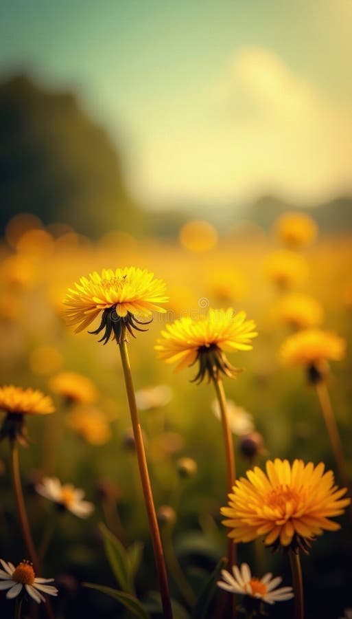 Immagine d'onda tonda a caldo raffigurante dandelione astratta e campo floreale luce naturale illustrazione vettoriale