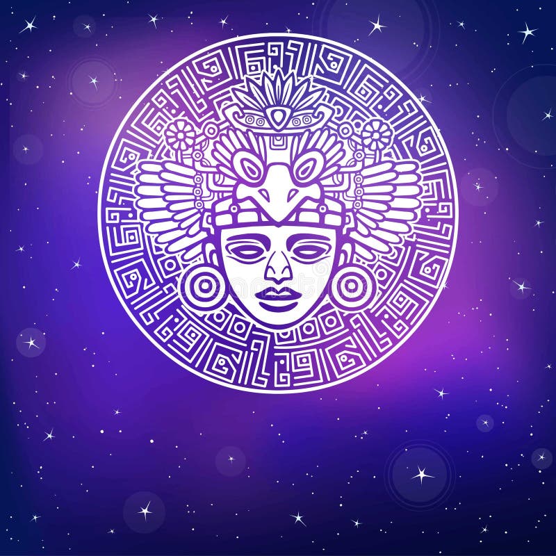 Decorative image of ancient Indian deity. Magic circle. Motives of art Native American Indian. Ethnic design, boho chic, tribal symbol. Vector illustration, background - the night star sky. Decorative image of ancient Indian deity. Magic circle. Motives of art Native American Indian. Ethnic design, boho chic, tribal symbol. Vector illustration, background - the night star sky.