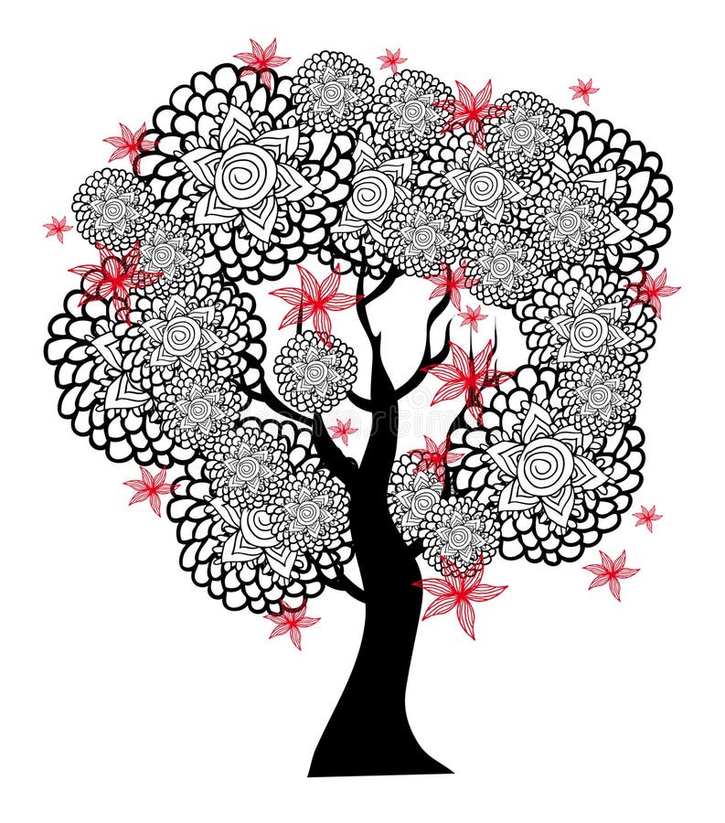 Albero in bianco e nero fantastico con i fiori rossi royalty illustrazione gratis Albero in bianco e nero fantastico con i fiori rossi royalty illustrazione gratis