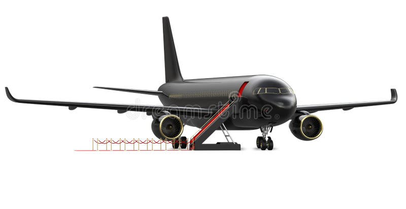 Immagine del jet privato dello statuto di lusso nero, aereo Aeroplano con un tappeto rosso, isolato di VIP della rappresentazione royalty illustrazione gratis Immagine del jet privato dello statuto di lusso nero, aereo Aeroplano con un tappeto rosso, isolato di VIP della rappresentazione royalty illustrazione gratis