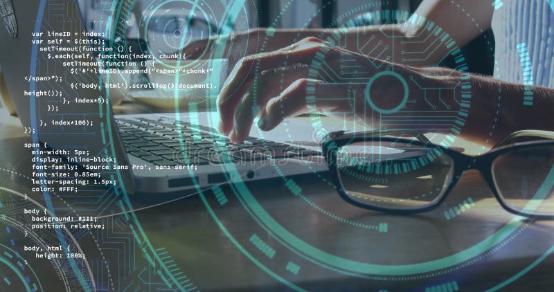 Immagine dell'ambito di elaborazione dati scansione su donna mediante laptop illustrazione vettoriale