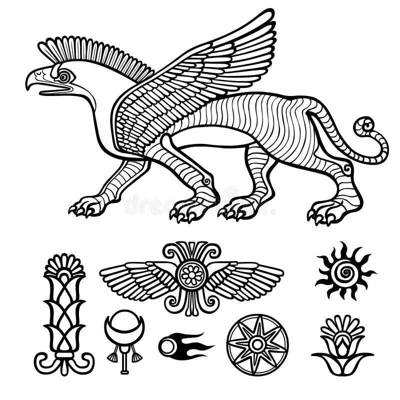 Image of Assyrian winged animal. Horned lion. Character of Sumerian mythology. Set of solar symbols. Llinear drawing isolated on a white background. Vector illustration, be used for coloring book. Image of Assyrian winged animal. Horned lion. Character of Sumerian mythology. Set of solar symbols. Llinear drawing isolated on a white background. Vector illustration, be used for coloring book.