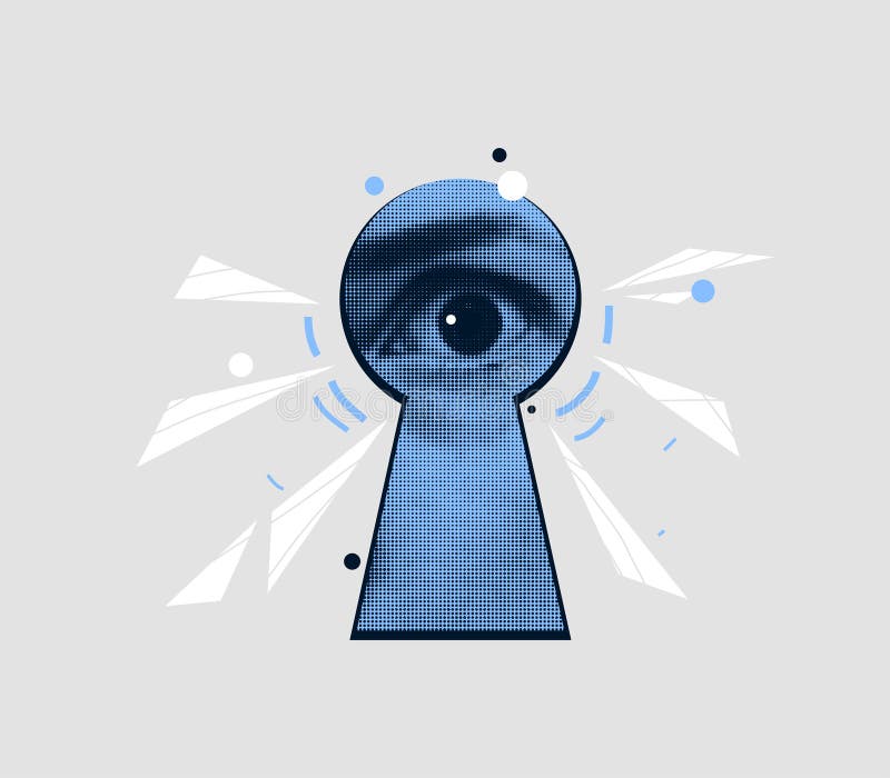 Immagine dell'occhio femminile fuori dall'illustrazione vettoriale del keyhole. concetto di accesso e visione. progettazione conte illustrazione vettoriale