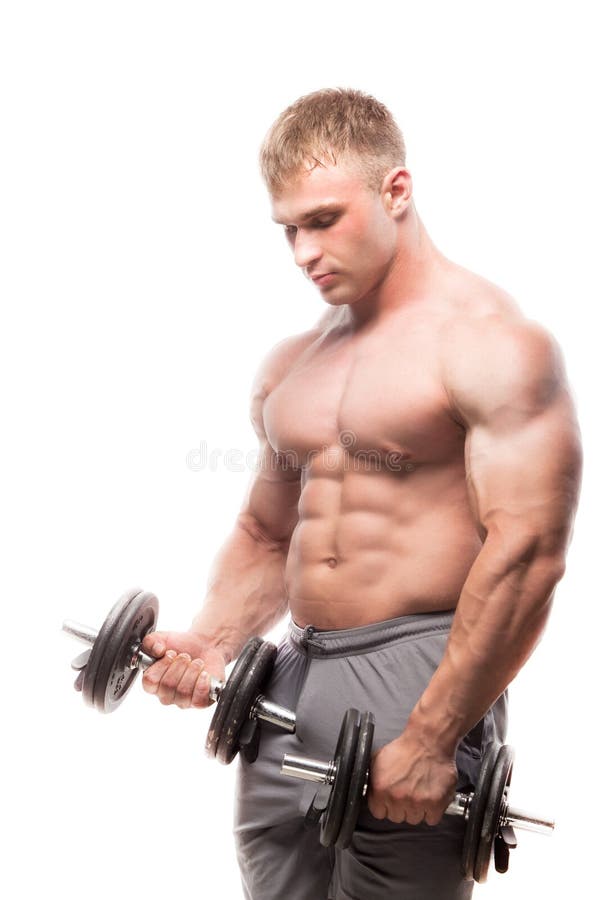 Immagine dell'uomo del muscolo che posa nello studio fare bicipite fotografia stock libera da diritti Immagine dell'uomo del muscolo che posa nello studio fare bicipite fotografia stock libera da diritti