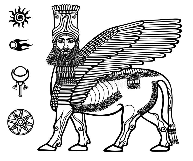 Vector illustration: Image of the Assyrian mythical deity Shedu: a winged bull with the head of the person. Character of Sumer mythology. Set of space solar symbols. Black-and-white vector illustration. Vector illustration: Image of the Assyrian mythical deity Shedu: a winged bull with the head of the person. Character of Sumer mythology. Set of space solar symbols. Black-and-white vector illustration.