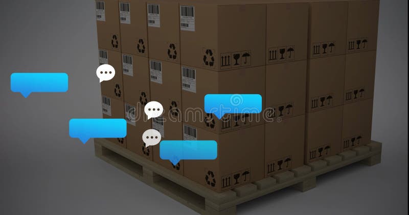 Immagine delle icone dei messaggi sui social media sulle scatole di cartone impilate sul pallet illustrazione vettoriale