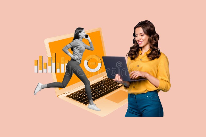 Immagine di collage creativa felice imprenditrice sorridente dipendente computer infografica progetto gestione disegno fotografie stock libere da diritti