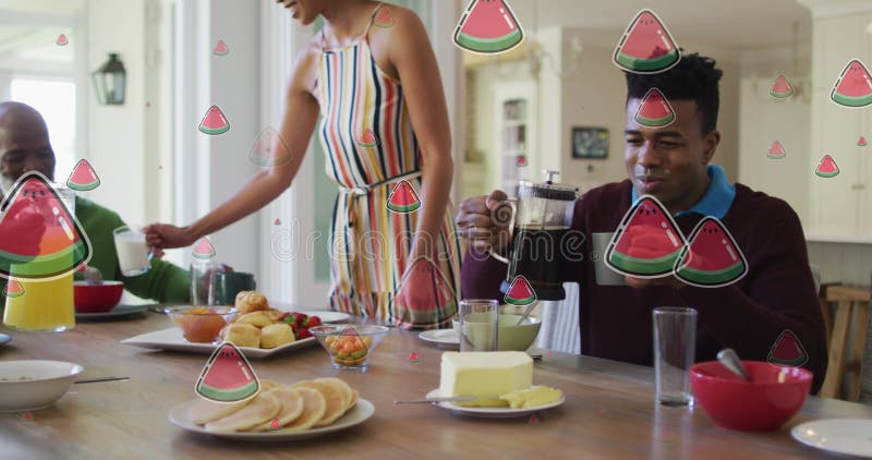 Immagine di fette di cocomero su diverse coppie che fanno colazione a casa illustrazione vettoriale