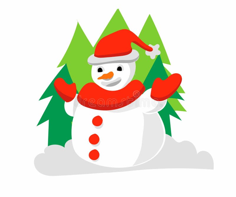 Immagine di un pupazzo di neve che si trova su un mucchio di neve accanto a un pino illustrazione vettoriale