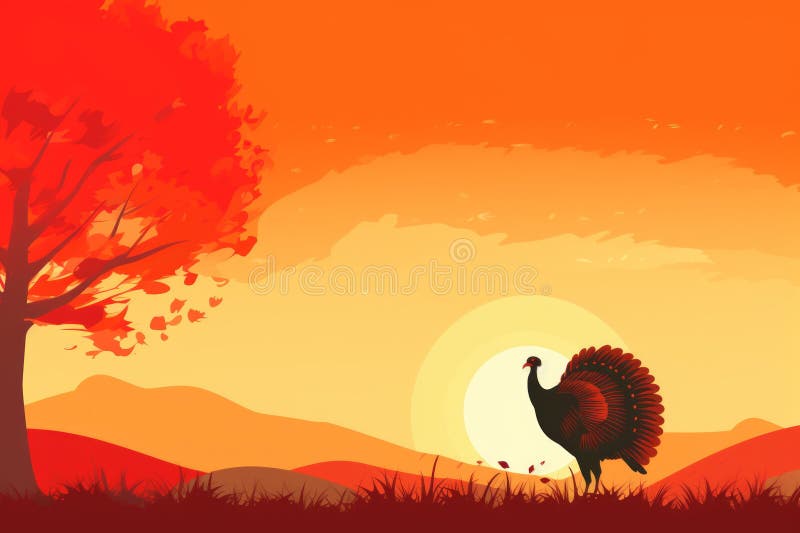 Immagine di un tacchino davanti a un albero al tramonto illustrazione vettoriale