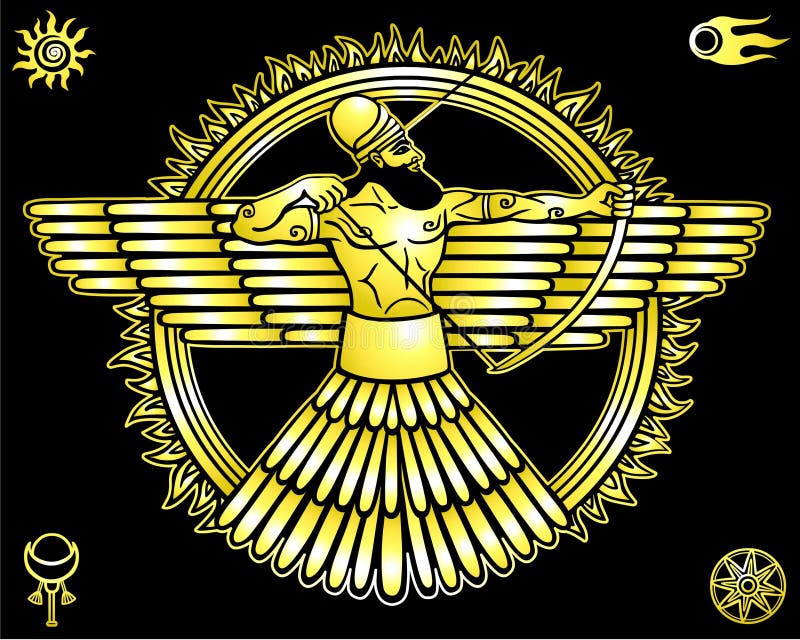 Image of an ancient deity.Set of esoteric symbols. The yellow drawing isolated on a black background. Gold imitation. Vector illustration. Image of an ancient deity.Set of esoteric symbols. The yellow drawing isolated on a black background. Gold imitation. Vector illustration.