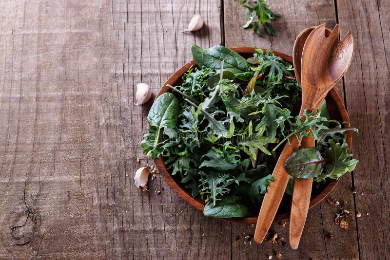 Immagine di vista superiore della miscela verde frondosa di cavolo, spinaci, beetroo del bambino immagine stock libera da diritti Immagine di vista superiore della miscela verde frondosa di cavolo, spinaci, beetroo del bambino immagine stock libera da diritti