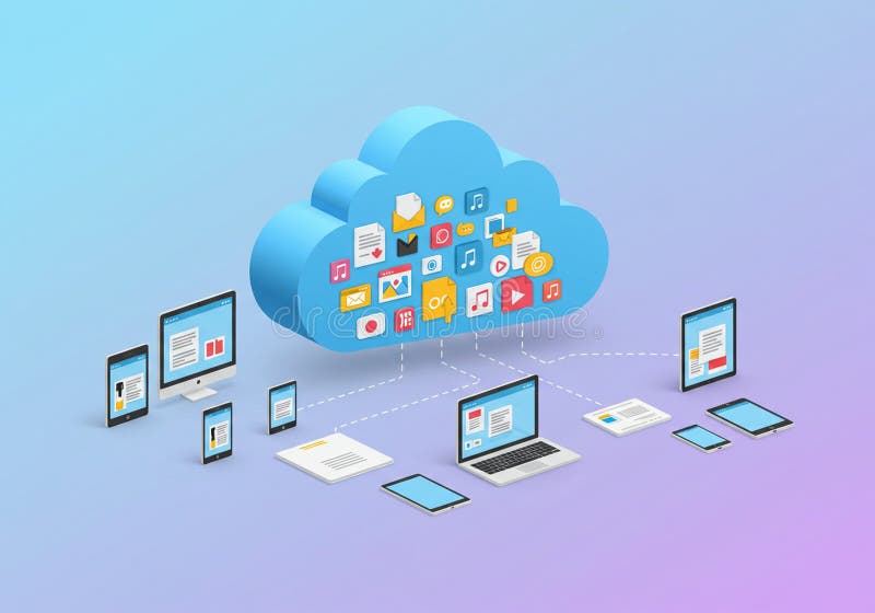 Immagine digitale che raffigura il cloud computing. Una grande nuvola blu si trova a livello centrale royalty illustrazione gratis