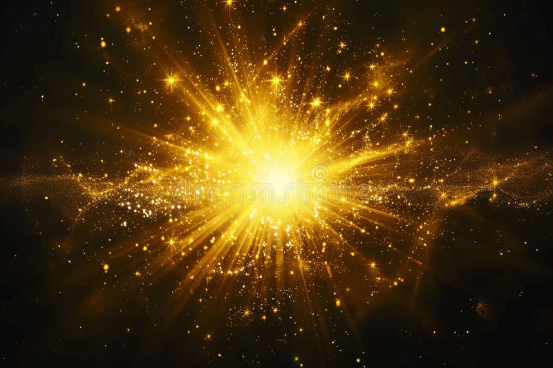 Immagine digitale di lampadine gialle luminose su fondo nero con raggi di luce solare che brillano al centro e radiazioni illustrazione di stock