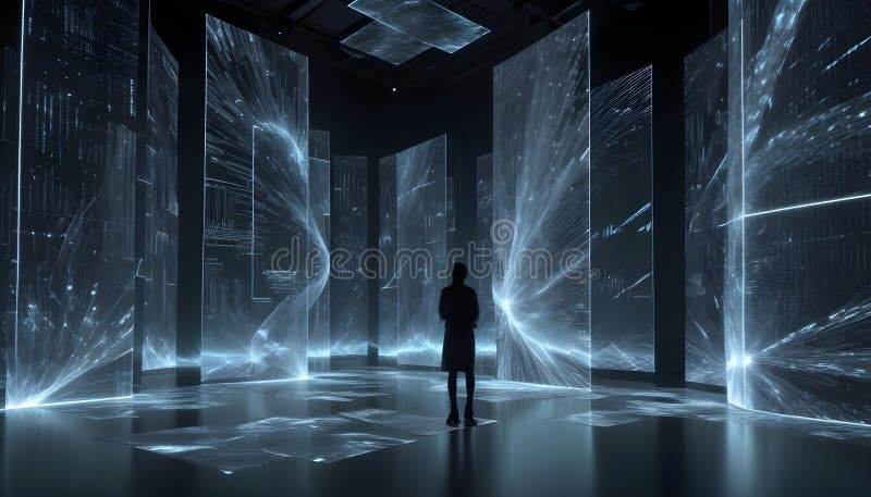 Immagine futuristica di una persona in piedi in una stanza con schermi di grandi dimensioni che visualizzano dati luminosi. la sce royalty illustrazione gratis