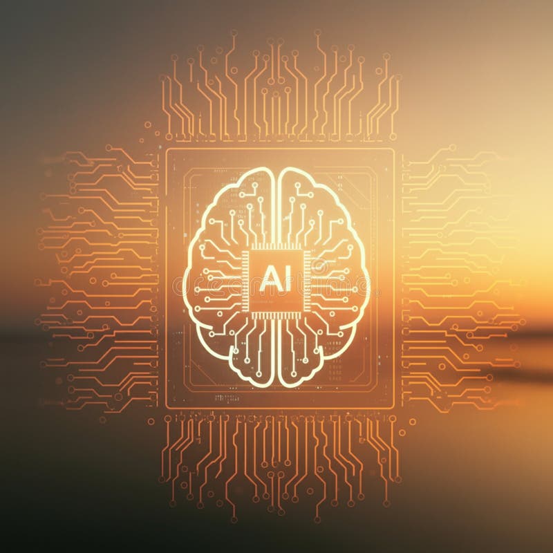 Immagine generata : cervello luminoso con linee di circuito e sfondo tramonto royalty illustrazione gratis