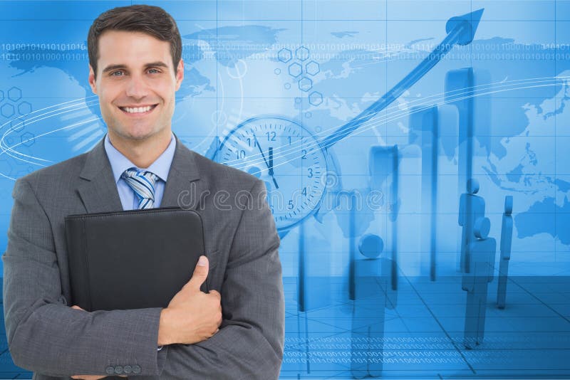 Immagine generata Digital dell'uomo d'affari che sta contro i grafici e gli impiegati nel fondo royalty illustrazione gratis