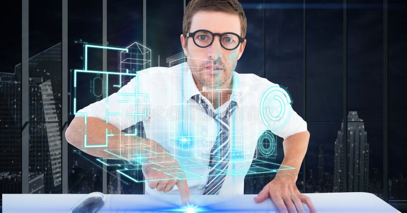 Immagine generata Digital dello scrittorio futuristico del touchng dell'uomo d'affari mentre lookin al progetto illustrazione di stock