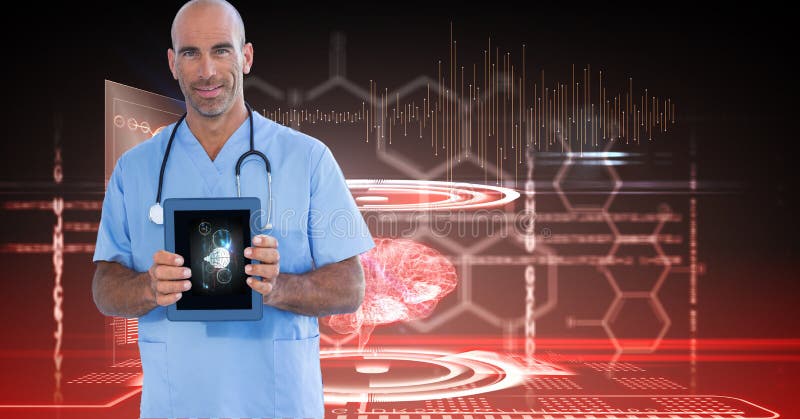 Immagine generata Digital di medico maschio che mostra compressa digitale contro i grafici di tecnologia