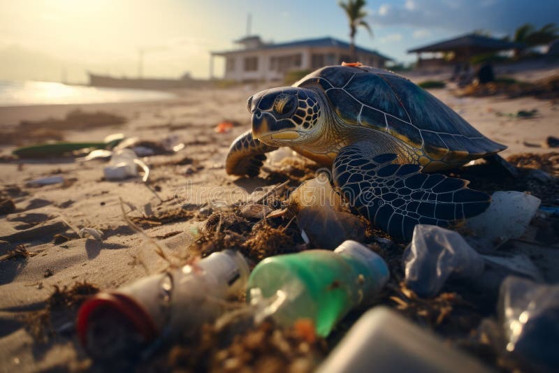 Immagine generativa ai. tartaruga su spiaggia contaminata in plastica illustrazione di stock