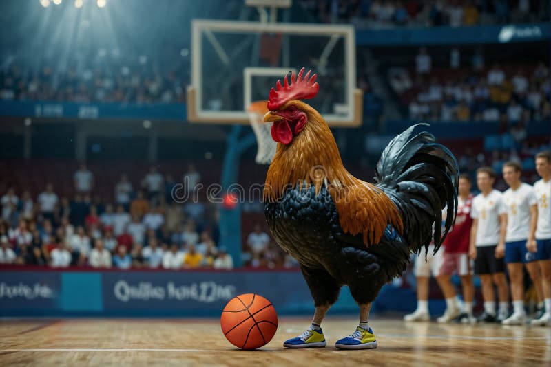 Immagine generativa di un gallo francese che gioca a basket allo stadio olimpico. illustrazione vettoriale