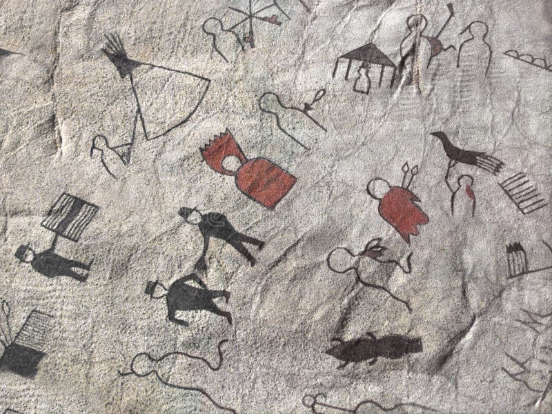 Section of a Native American Indian story pictograph on deerskin, from the Sioux tribes. Section of a Native American Indian story pictograph on deerskin, from the Sioux tribes.