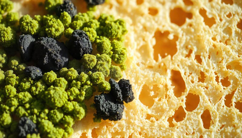 Immagine macro delle spore di muffa verde e nera su una fetta di pane scaduto illustrazione vettoriale