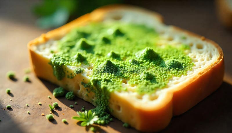 Immagine macro delle spore di muffa verde su una fetta di pane scaduto royalty illustrazione gratis