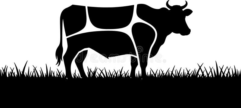 Immagine minimalista in bianco e nero di una vacca situata su un terreno erboso che rappresenta l'agricoltura e la natura dell'all illustrazione di stock