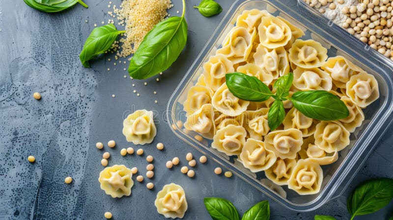 Immagine piatta su scala verticale di pasta di tortellini freschi con basilico e grani in un imballaggio trasparente su una superf immagini stock