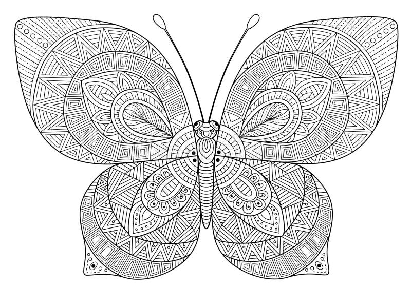 Immagine posteriore e bianca di una farfalla su fondo bianco Coloritura-antistress per gli adulti ed i bambini, per ricreazione e