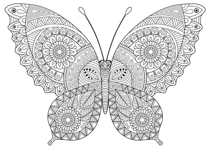 Immagine posteriore e bianca di una farfalla su fondo bianco Coloritura-antistress per gli adulti ed i bambini, per ricreazione e