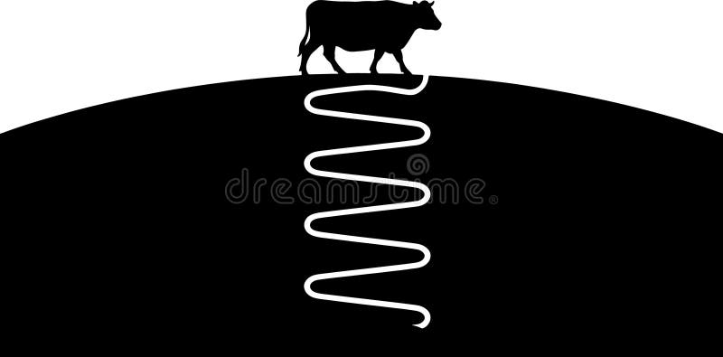 Immagine semplice e minimalista di una mucca posizionata sopra una linea bianca ondulata contro uno sfondo nero royalty illustrazione gratis