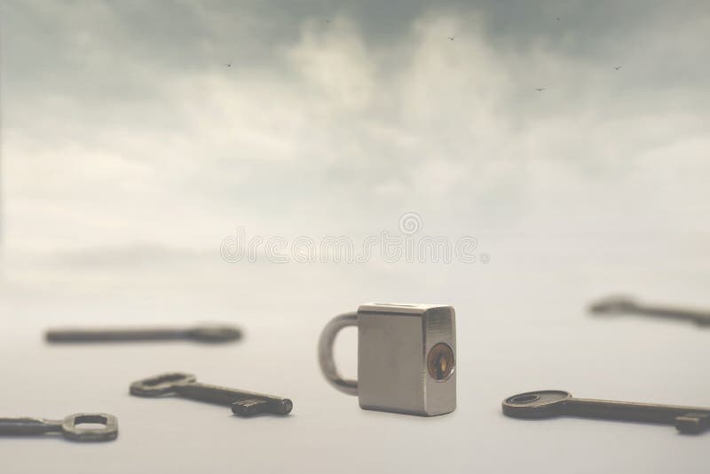 Immagine surreale di infinite chiavi come soluzione ad un singolo lucchetto o problema, concetto di scelta, successo, soluzioni fotografia stock